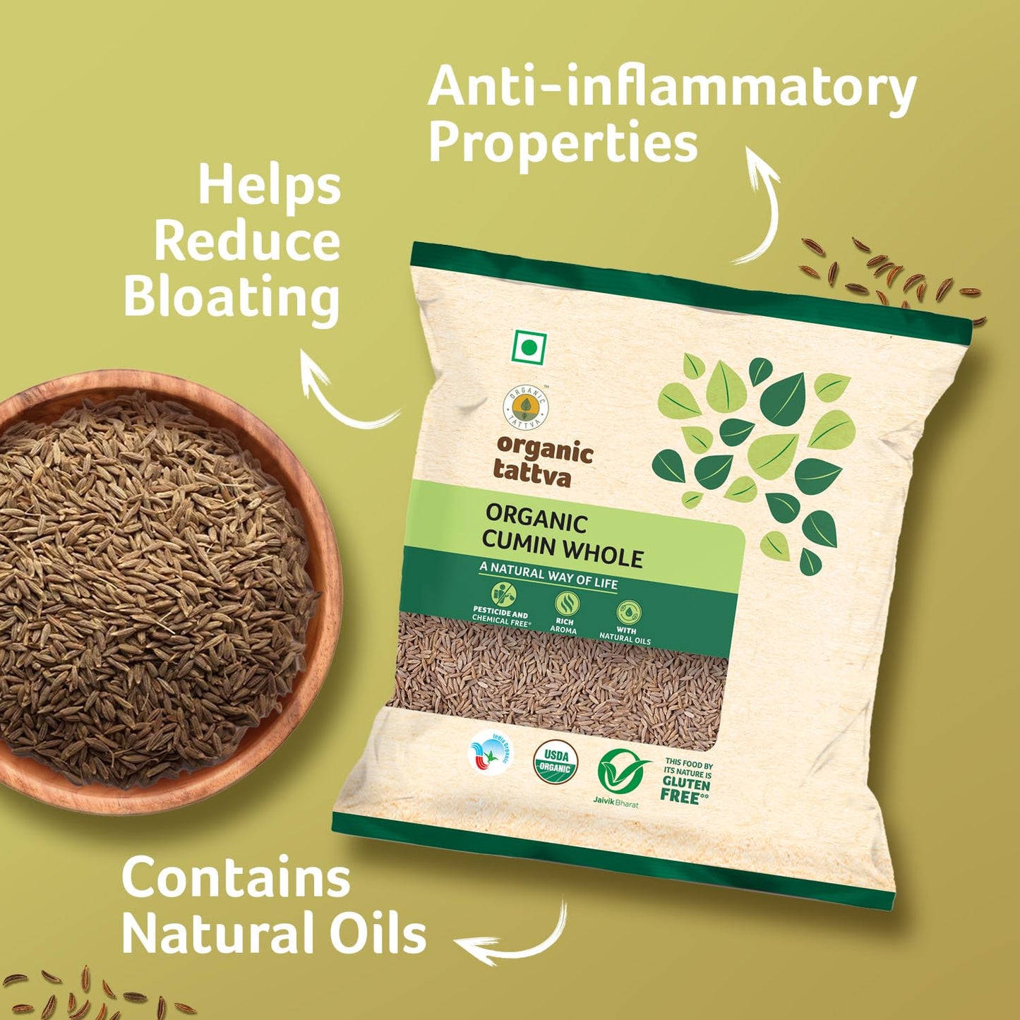 Organic Tattva Jeera 100 gm | Whole Cumin Seeds | Natural Zeera Masala | Fresh Organic Grocery Spice | Quality Jeera Seeds for Cooking & Indian Recipes