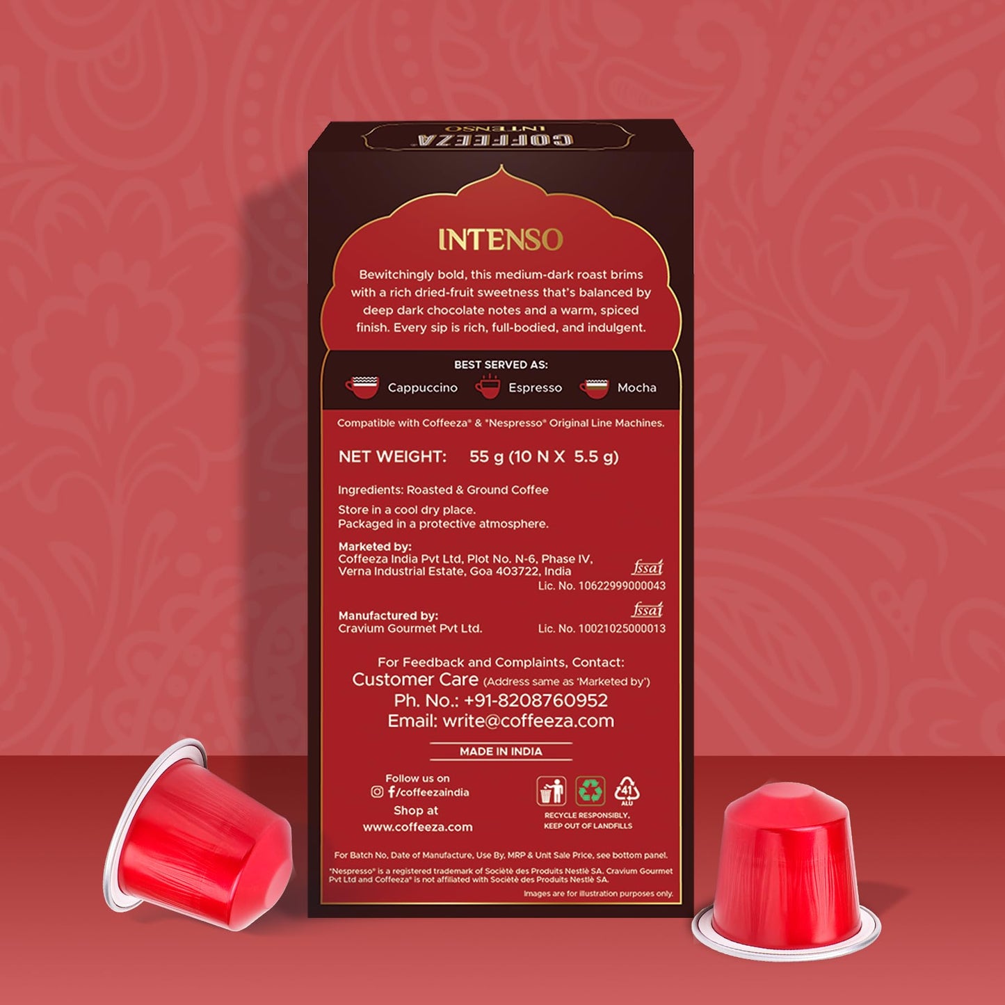 Coffeeza Intenso Aluminium Coffee Capsules, Intensity - 10, Nespresso Compatible Coffee Pods | Box of 1 (10 Capsules) | Brew Cold/Hot