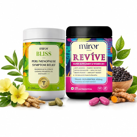 Miror Revive and Bliss Combo 30 Tablets Each | Ashwangandha, Shatavari, Magnesium Glycinate, Calcium for Hormonal Balance, Energy, Mood & Better Sleep | All-in-One Women’s Wellness Support