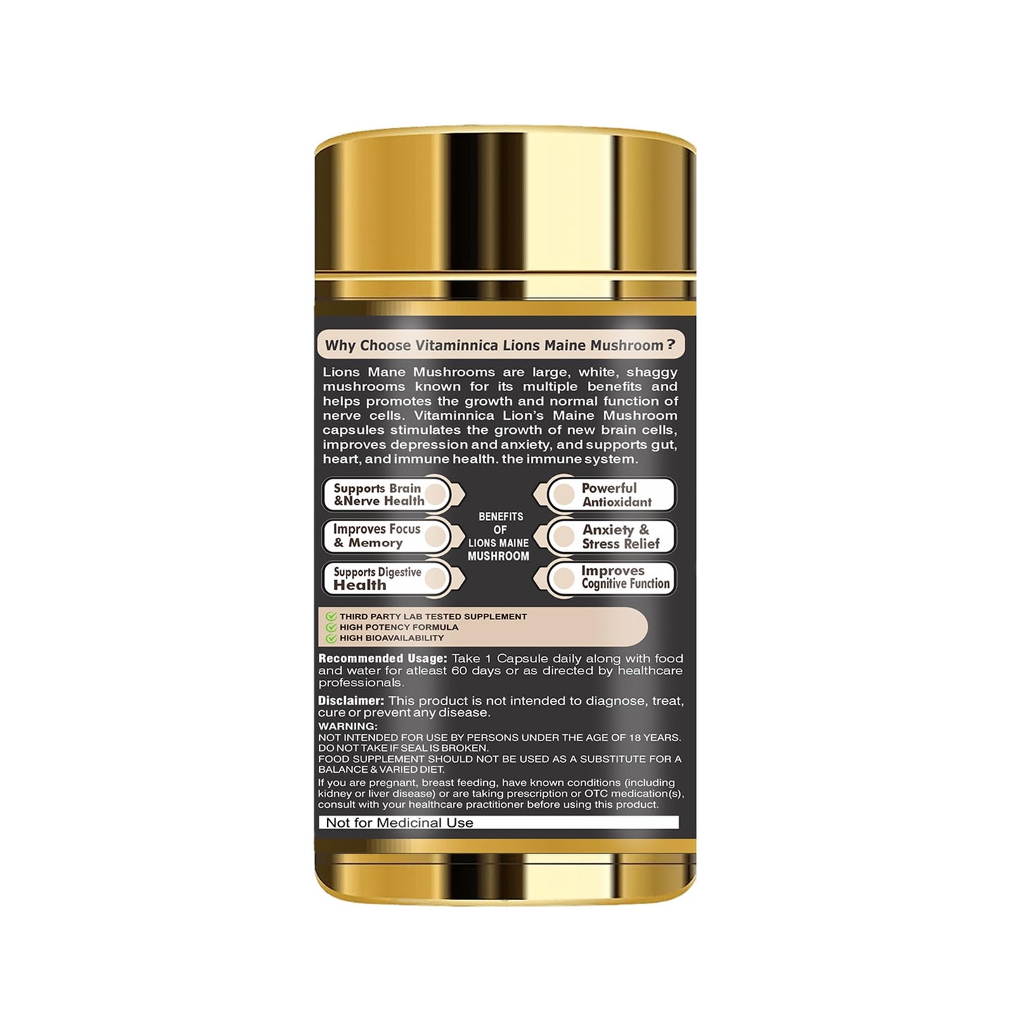 Vitaminnica Lion's Mane Mushroom 500mg- 60 Vegan Capsules | Nootropics for Brain Health & Focus