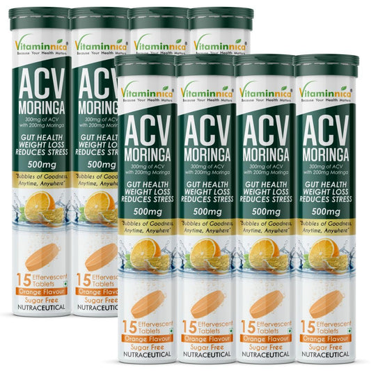Vitaminnica ACV Moringa Effervescent Tablets To Control Cravings | Reduces Stress, Gut Health, Weight Loss | Sugar Free | 15 Tablets Each (Pack of 8, Orange)