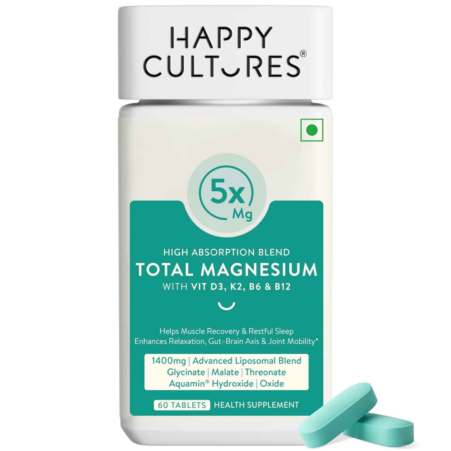 Happy Cultures 5X Total Magnesium Glycinate | 1400mg Blend of 5x Mg Complex | 440mg Elemental Magnesium | Vitamin D3, K2, B6, B12 | Promotes Deep Sleep, Muscle Recovery & Heart Health | 60 Tablets