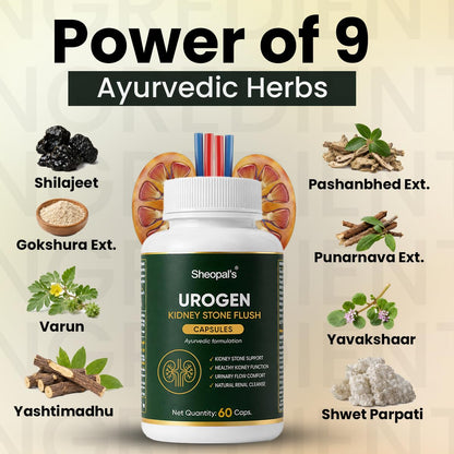 Sheopal's Urogen Kidney Stone Flush Capsules | Ayurvedic Proprietary Medicine | Pashanbhed, Gokshura, Punarnava, Varun, Shilajit | Urinary Comfort & Natural Renal Cleanse | 60 Caps