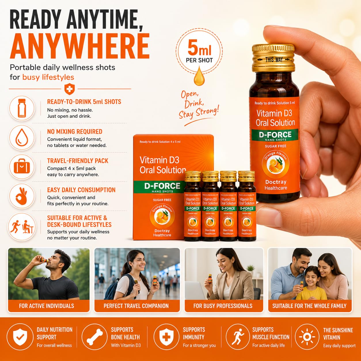 Docttray Healthcare D-Force Vitamin D3 Oral Solution Nano Shots, 4 x 5 ml | Sugar Free Orange Flavour Ready-to-Drink Liquid Nutritional Supplement - Pack of 1
