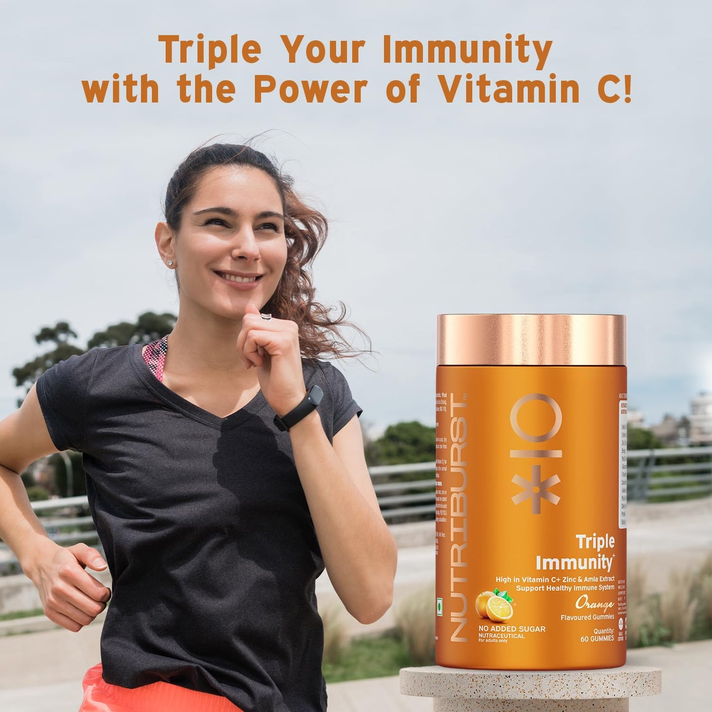 Nutriburst Triple Immunity Gummies with Vitamin C, Zinc and Amla extract | No-Added Sugar | Orange Flavor | 100% Vegetarian | 60 Gummy