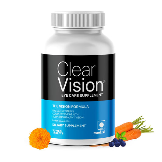 Medzzi Clear Vision Eye Care Tablets | Lutein, Zeaxanthin, Bilberry, Astaxanthin | Digital Eye Strain, Dry Eyes & Blue Light Support | Daily Eye Multivitamin | 30 Veg Tablets