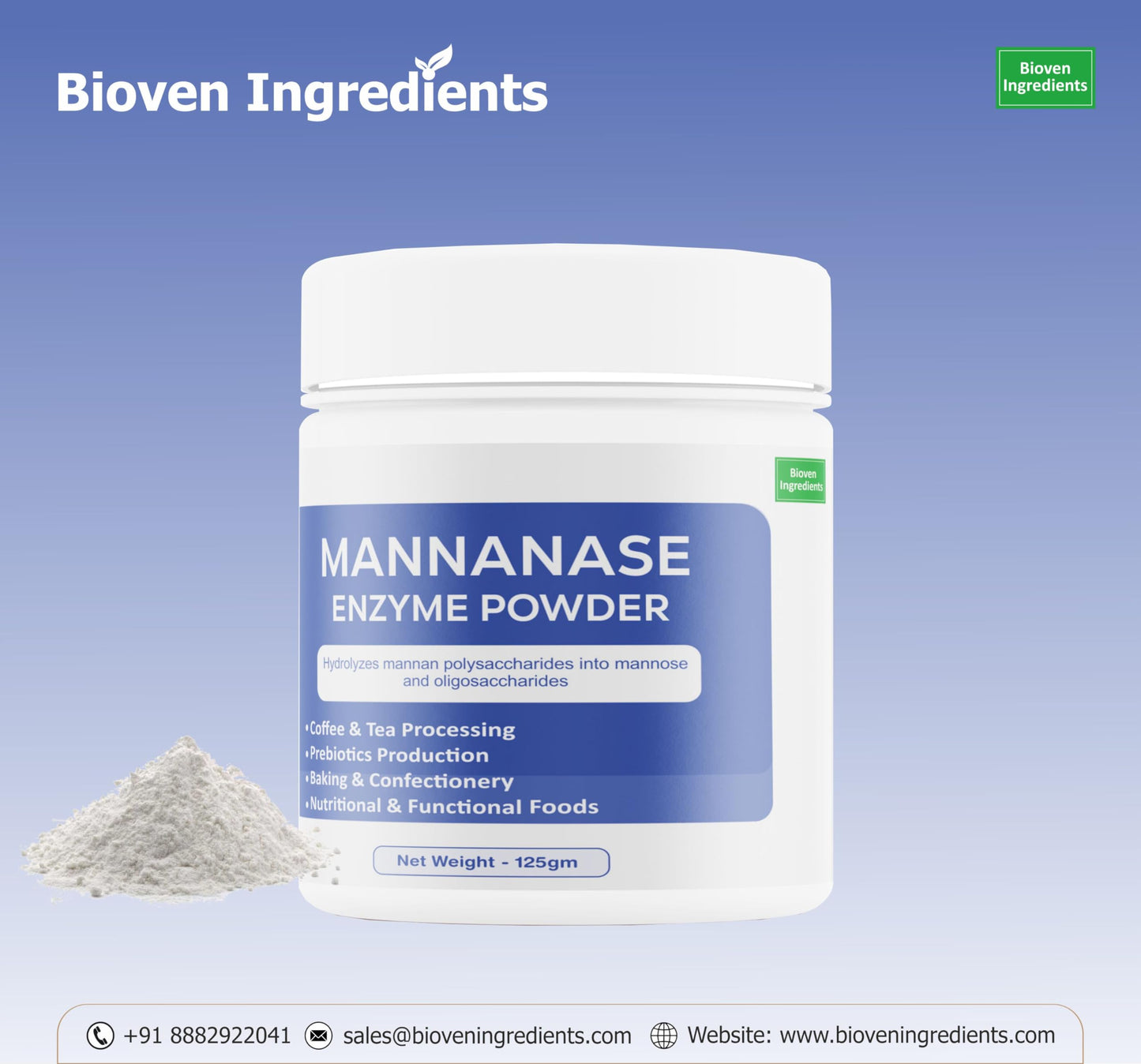 Bioven Ingredients Mannanase Enzyme, Non-GMO, Dietary Supplements/Food and Beverages, Broad pH Range of Activity, Excellent Thermostability, Hydrolyse Mannan, No Filters/Binder