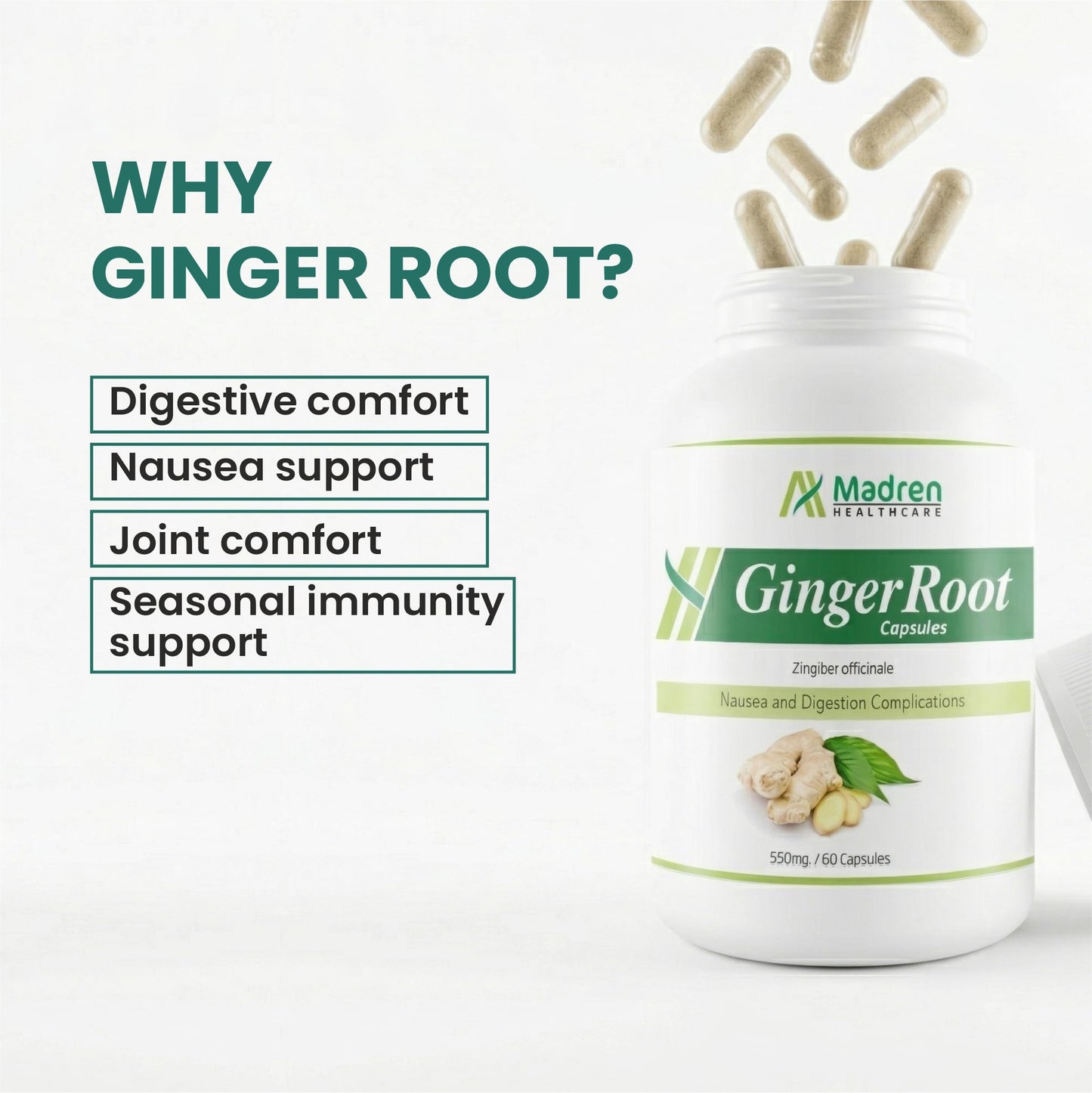 Madren Healthcare Ginger Root Extract 550mg Capsules with 5% Gingerols | Herbal Digestive Wellness Supplement | Supports Daily Wellness & Gut Comfort | Vegan | Non-GMO | 60 Veg Capsules (Pack of 3)