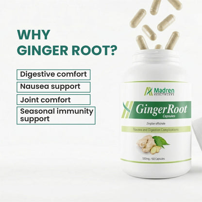 Madren Healthcare Ginger Root Extract 550mg Capsules with 5% Gingerols | Herbal Digestive Wellness Supplement | Supports Daily Wellness & Gut Comfort | Vegan | Non-GMO | 60 Veg Capsules (Pack of 2)