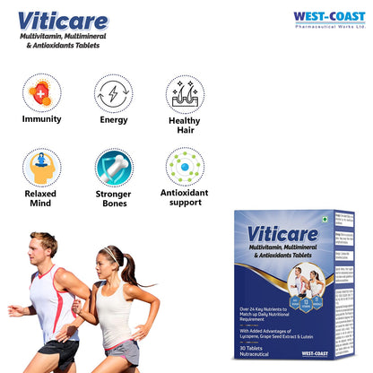 Westcoast Viticare Multivitamin, Multimineral & Antioxidants Tablets Over 24 Key Nutrients to Match up Daily Nutritional Requirement with Added Advantages of Lycopene Grape Seed Extract & Lutein 30 Tablets