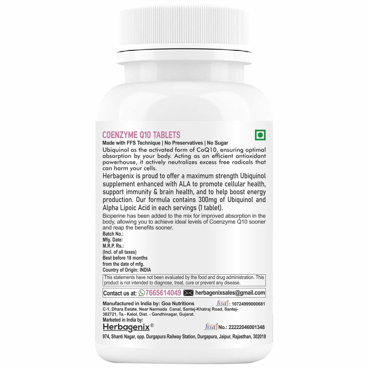 HERBAGENIX Coq10 Coenzyme Q10 300mg With Alpha Lipoic Acid Ala, Omega 3 Fatty Acid, Lycopene, Bioperine And Vitamin B1, B2 And B6 To Good Health Supplement-60 No Sugar Veg Tablets (No Capsule)