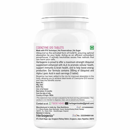 HERBAGENIX Coq10 Coenzyme Q10 300mg With Alpha Lipoic Acid Ala, Omega 3 Fatty Acid, Lycopene, Bioperine And Vitamin B1, B2 And B6 To Good Health Supplement-60 No Sugar Veg Tablets (No Capsule)