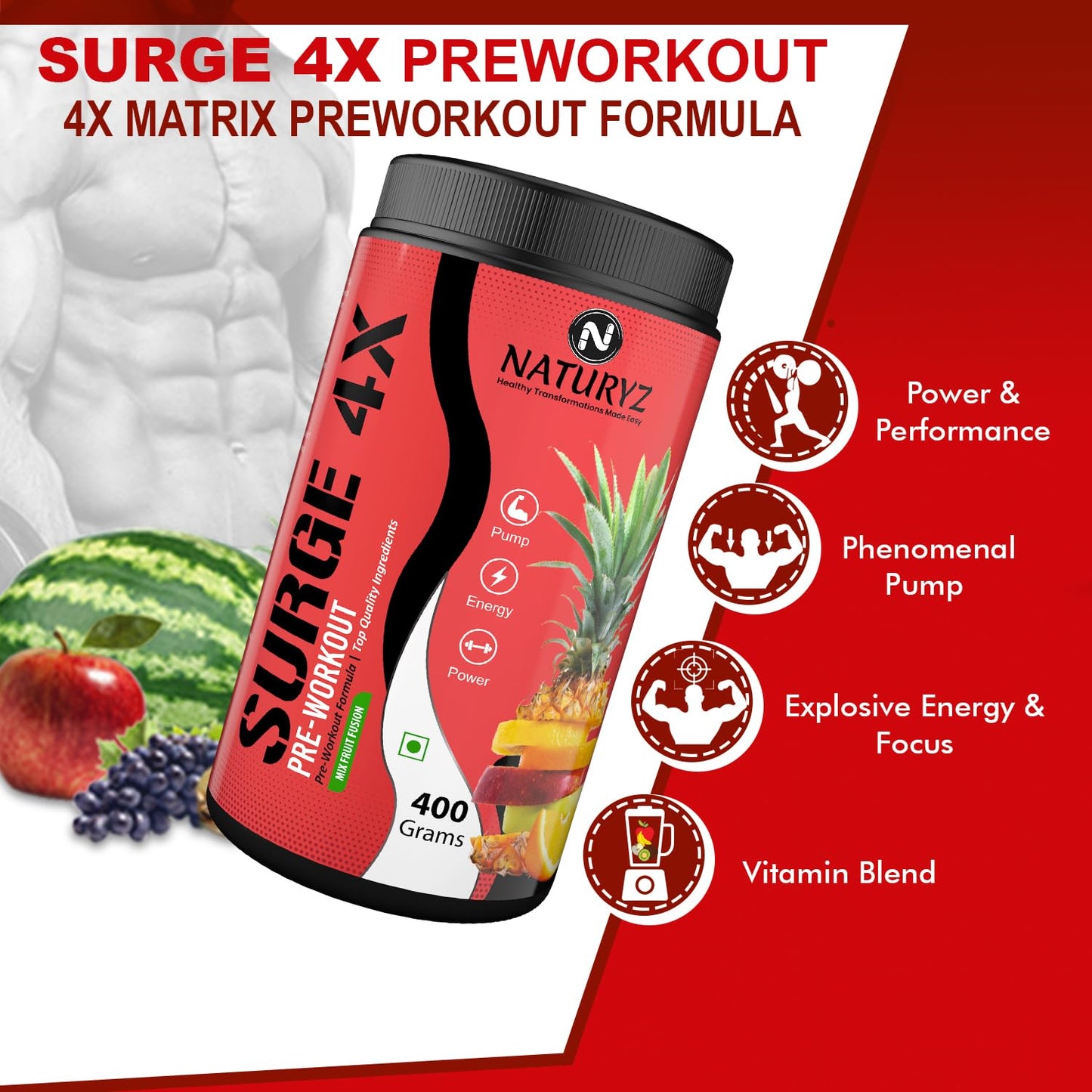 Naturyz Surge 4X Pre Workout, 400g Powder (Mix fruit fusion flavour) with 4000mg Beta-Alanine, 3500mg L- Citrulline,Creatine,L- Arginine & Aminos