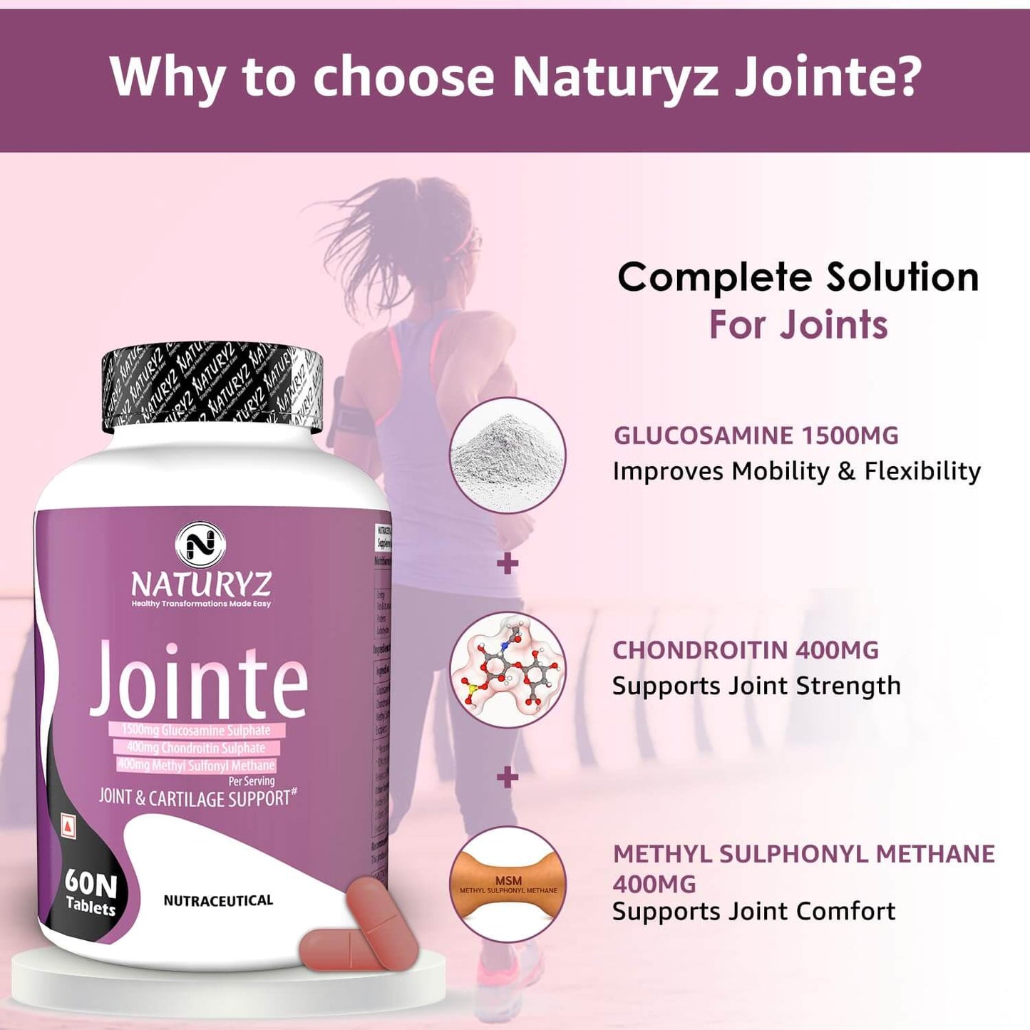 Naturyz Jointe Maximum Strength- 1500mg Glucosamine, 400mg Chondroitin & 400mg MSM per Serving for Cartilage, 60 Tablets