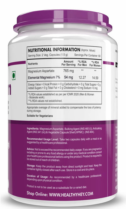 HealthyHey Nutrition Magnesium Aspartate -120 Vegetabel Capsules