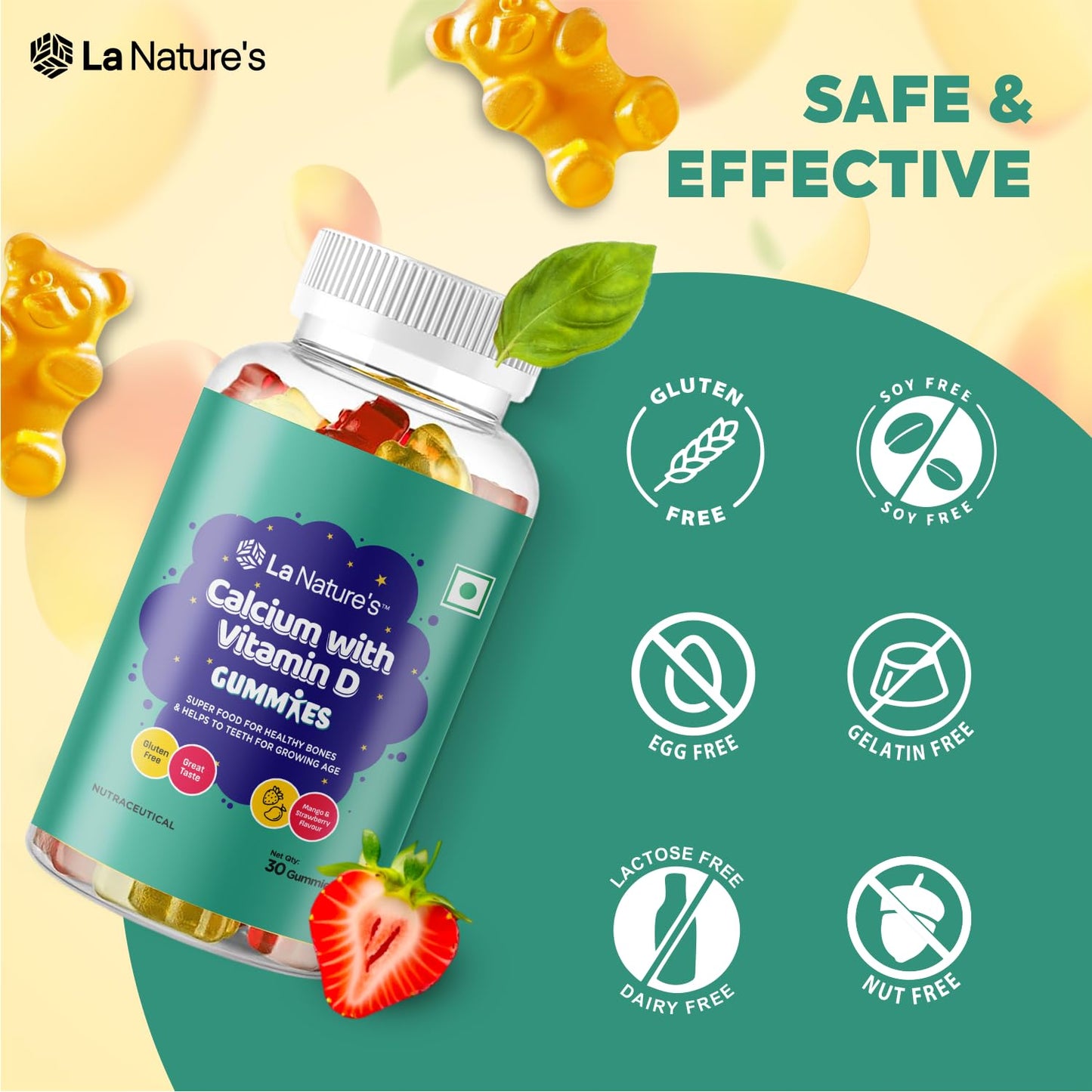 La Nature's Calcium and Vitamin D Gummies for Kids 60 Days Pack, Support Strong Bones, Joints & Muscles, For Healthy Teeth, Vegetarian (Mango & Strawberry Flavor)
