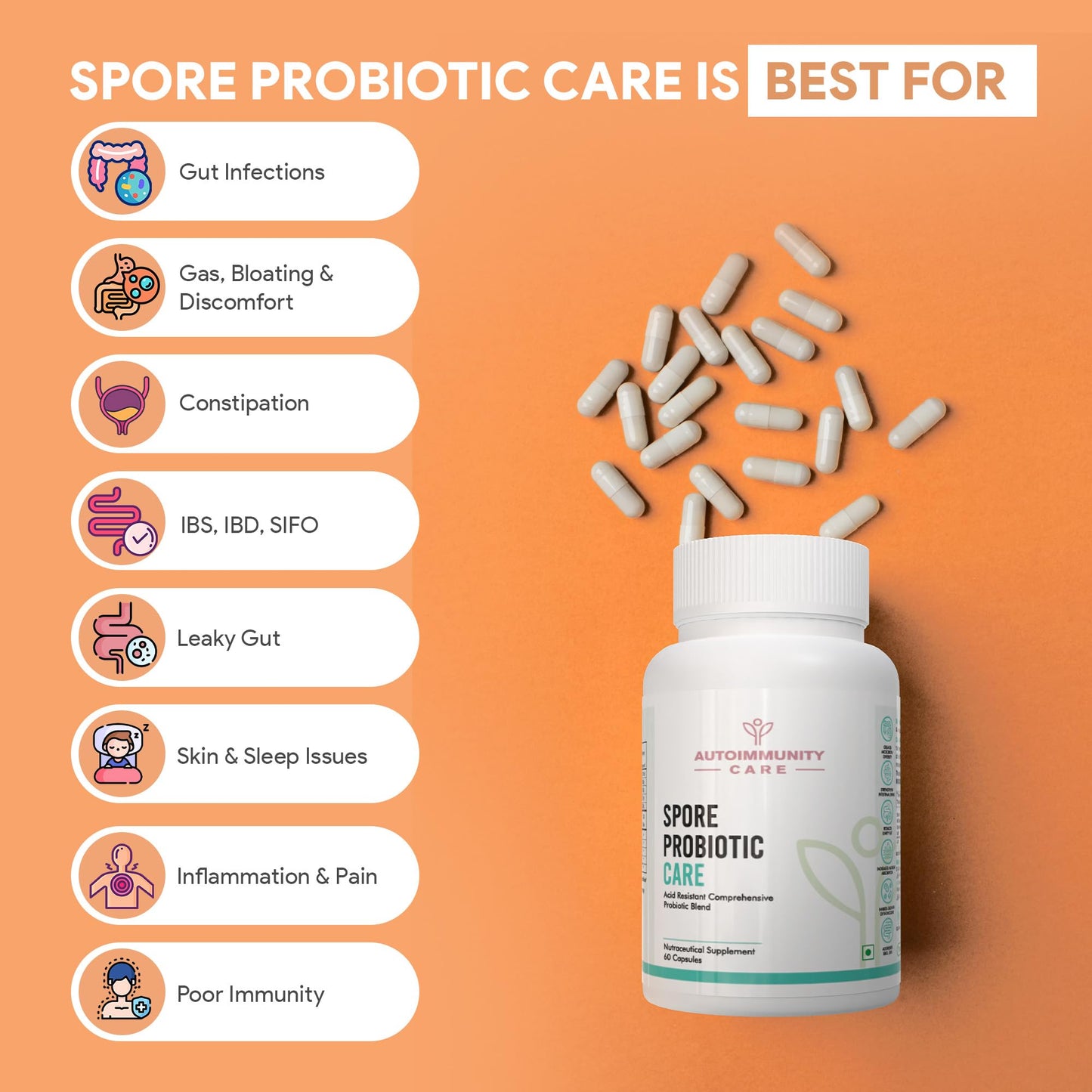 Autoimmunity Care Spore Probiotic Care | 6 Billion CFU Spore-Based Probiotics Supplement for Gut Health & Immunity | Probiotics for Women & Men | Reduces Gas, Bloating, Constipation & IBS | 60 Caps (60 doses)