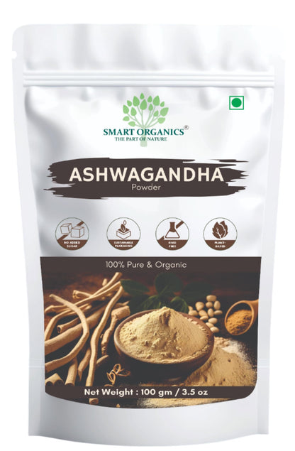 Smart Organics Ashwagandha Powder 100g - 100% Pure & Natural | Energy, Stress Relief, Immune Support | Herbal Supplement