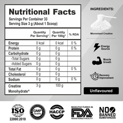 Musclefood Pure Micronised Creatine Powder | Unflavoured (100g, 33 Servings) | Supports Muscle Growth, Fast Recovery & Athletic Performance | Pre-Post workout Supplement for Men & Women | 3g Per Serve