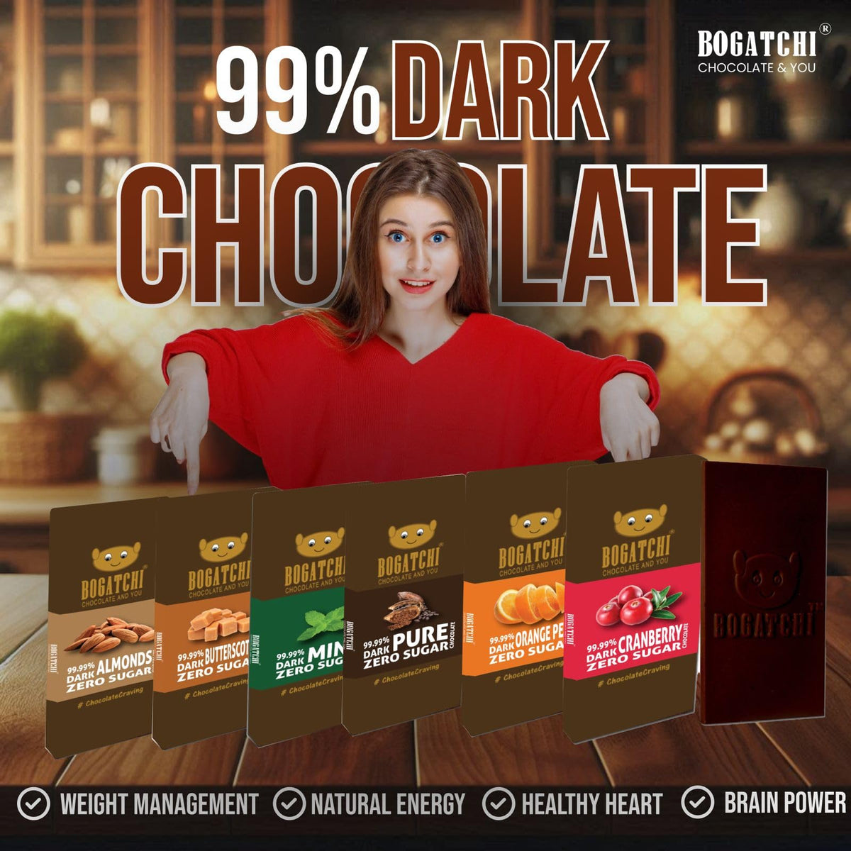 BOGATCHI Premium 99% Dark Chocolate with Almonds, 60g | Intense Real Cocoa Dark Chocolate Bar | Rich Antioxidant Gourmet Chocolate | Roasted Almonds | No Artificial Flavours | Indulgent Healthy Snack