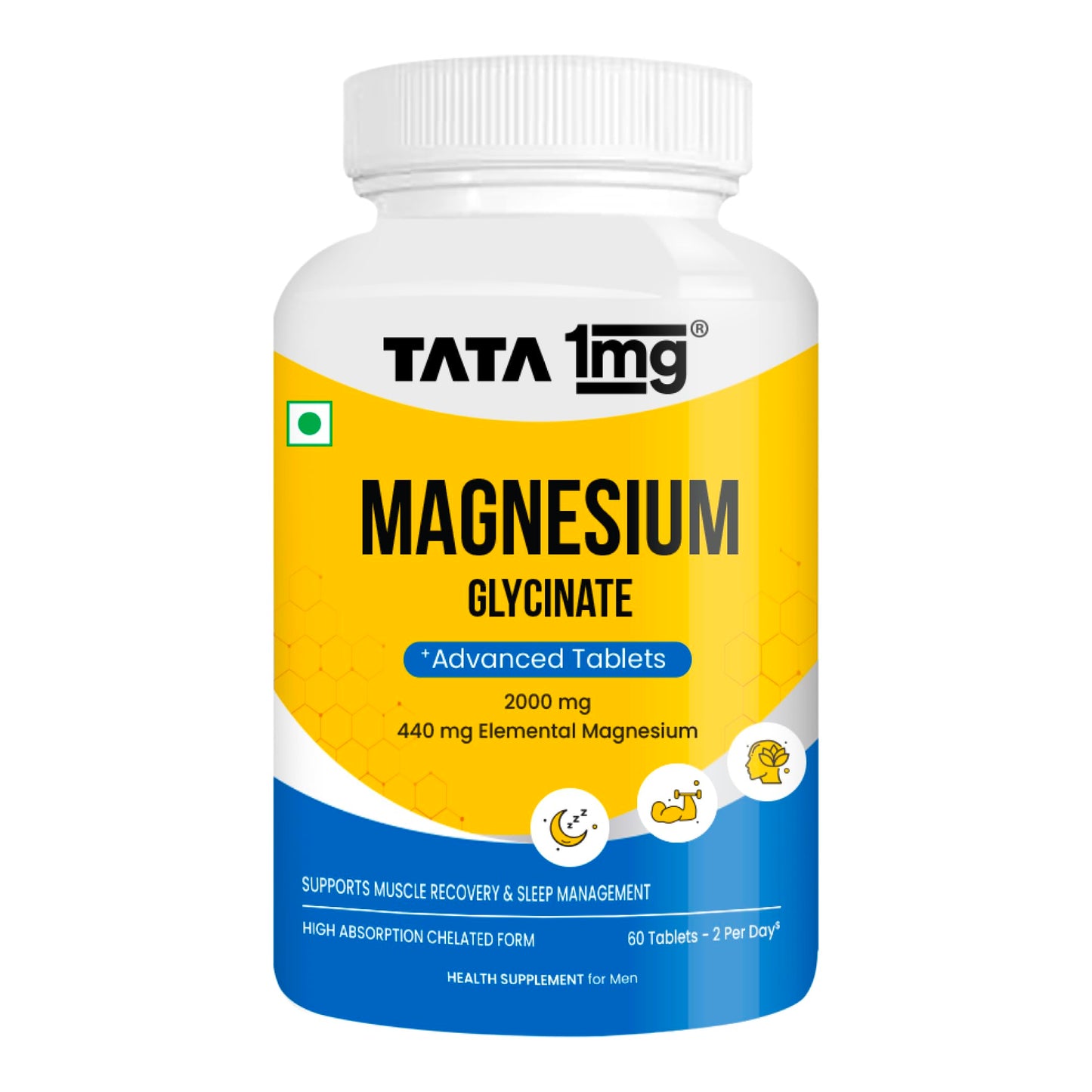 TATA 1mg Magnesium Glycinate Tablets | 2000mg | High Absorption Chelated form for Muscle Recovery, Sleep & Nerve Health | 2000mg Per Serving – 120 Veg Tablets