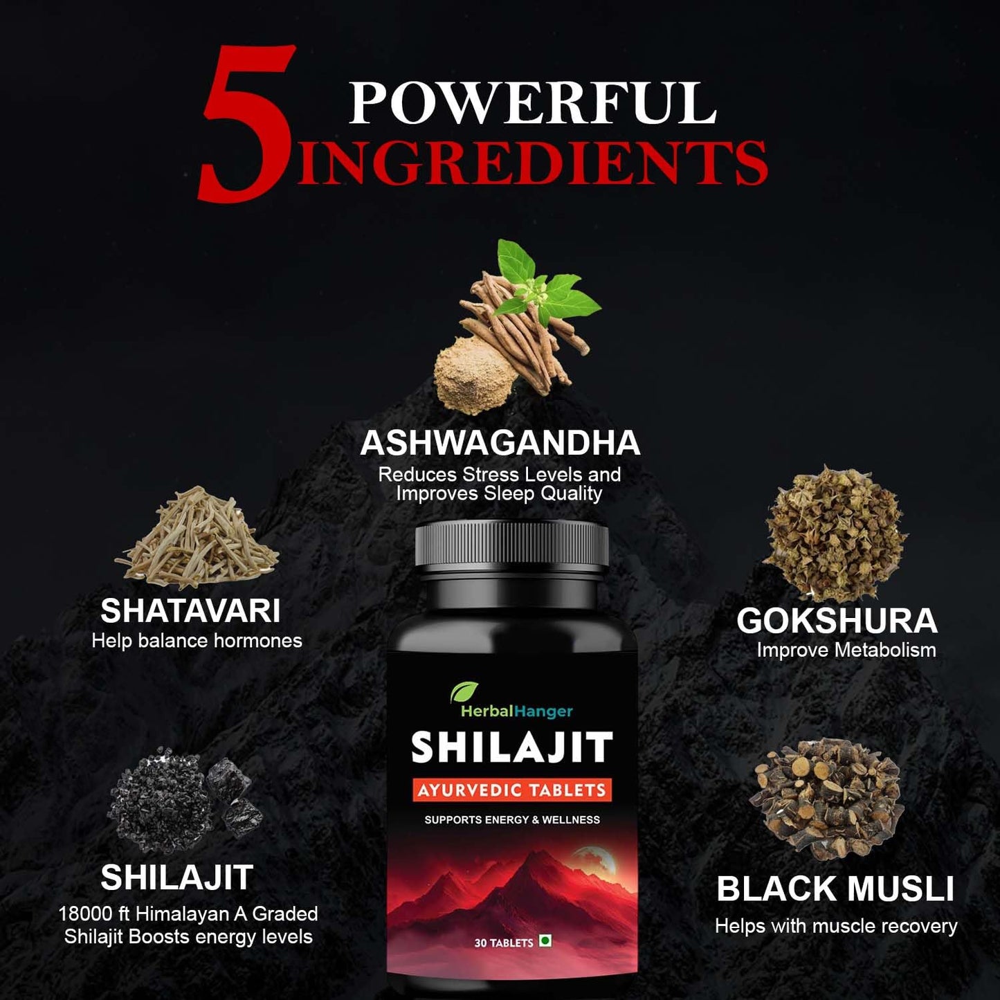 Herbal Hanger Shilajit Ayurvedic Tablets with Ashwagandha, Shatavari, Gokshura & Black Musli | 30 Tablets | 100% Ayurvedic for Strength, Stamina and Power | for Men