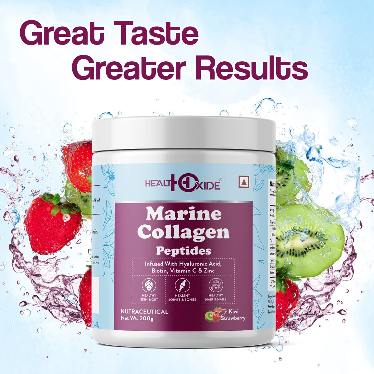 HEALTHOXIDE Marine Collagen powder | Marine Collagen Peptides | Marine Collagen for Skin, Hair, Nails | Contains Artificial Sweetener Stevia And For Calories Conscious (Kiwi & Strawberry)