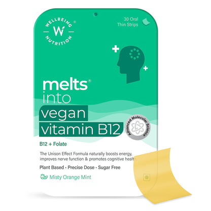 Wellbeing Nutrition Melts Vegan Vitamin B12 Supplements for men & women | Memory Booster and Brain, Heart & Nervous System Support with B12, Folate, Brahmi & CurcuWIN | 30 Oral Thin Strips