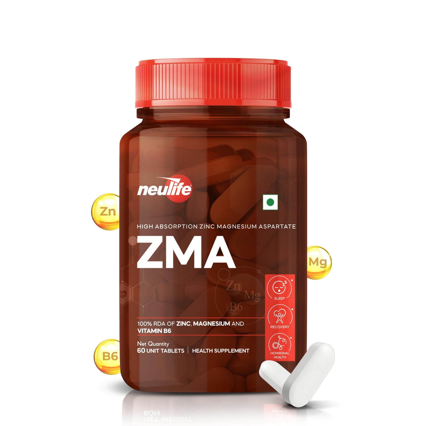 Neulife ZMA-Zinc + Magnesium + B6 for Recovery & all-round Health boost Tablets- (60Tabs)