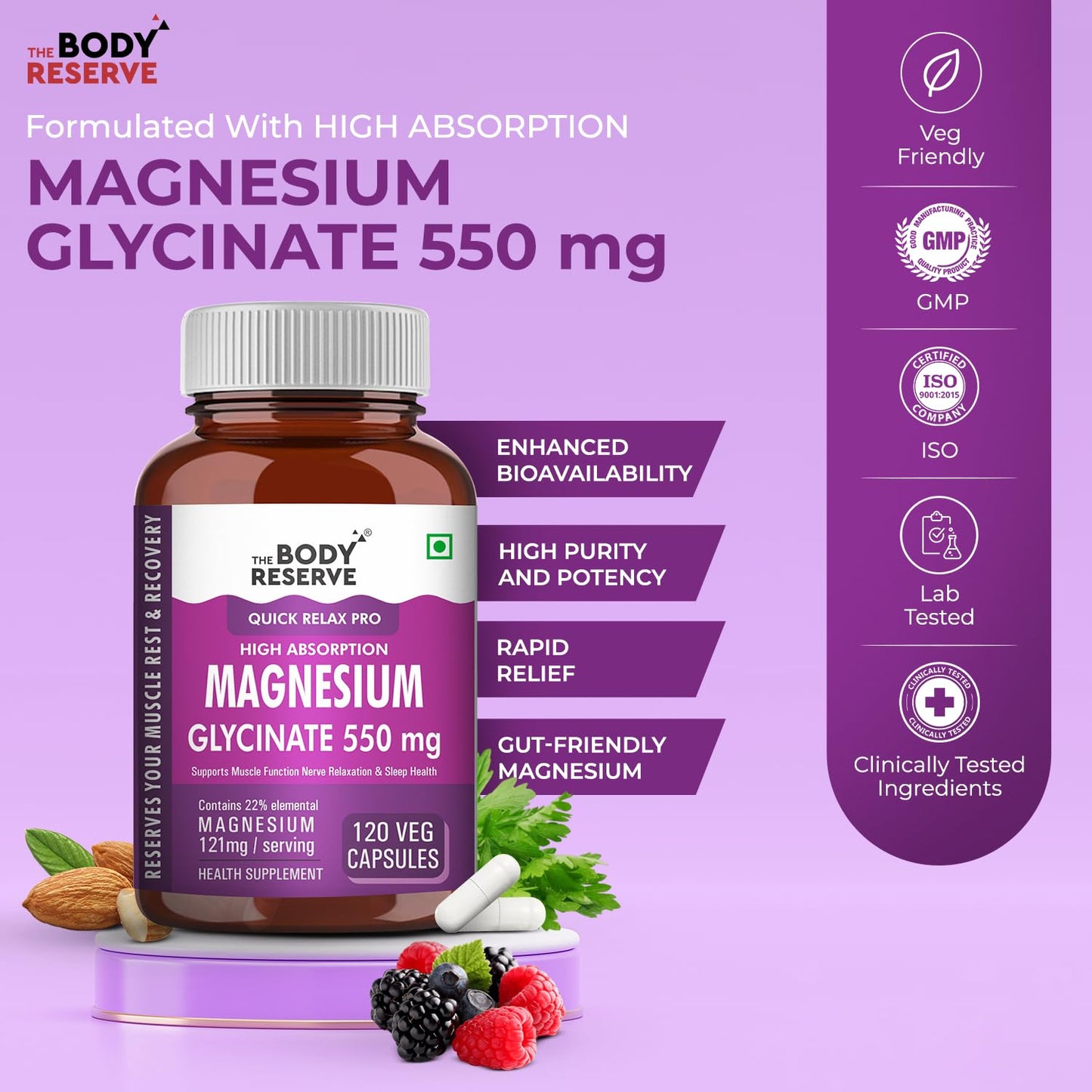 The Body Reserve Magnesium Glycinate Supplement - 120 Vegetable Capsules, 550mg Per Serving, High Absorption Chelated Form - Supports Muscle & Nerve Health, Aids Relaxation for Men & Women