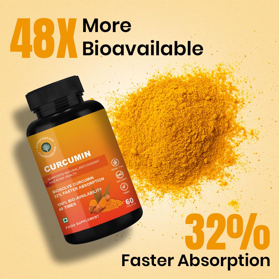 CUREFOREVER Turmeric Curcumin Tablets with BioPerine & Black Pepper Extract | High Absorption Curcumin Supplement for Joint, Immunity & Antioxidant Support | 600 mg Curcumin Blend | 60 Tablets
