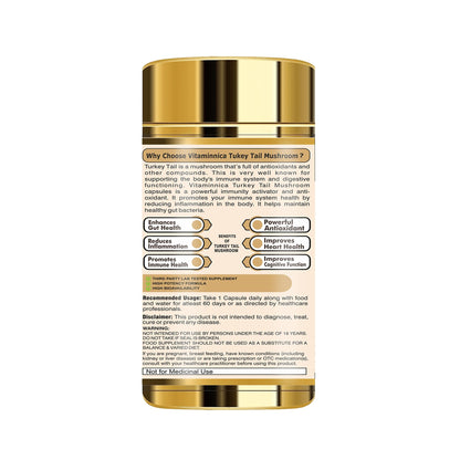 Vitaminnica Turkey Tail Mushroom Supplement 500mg- 60 High Strength Vegan Capsules | Nootropics for Gut Health