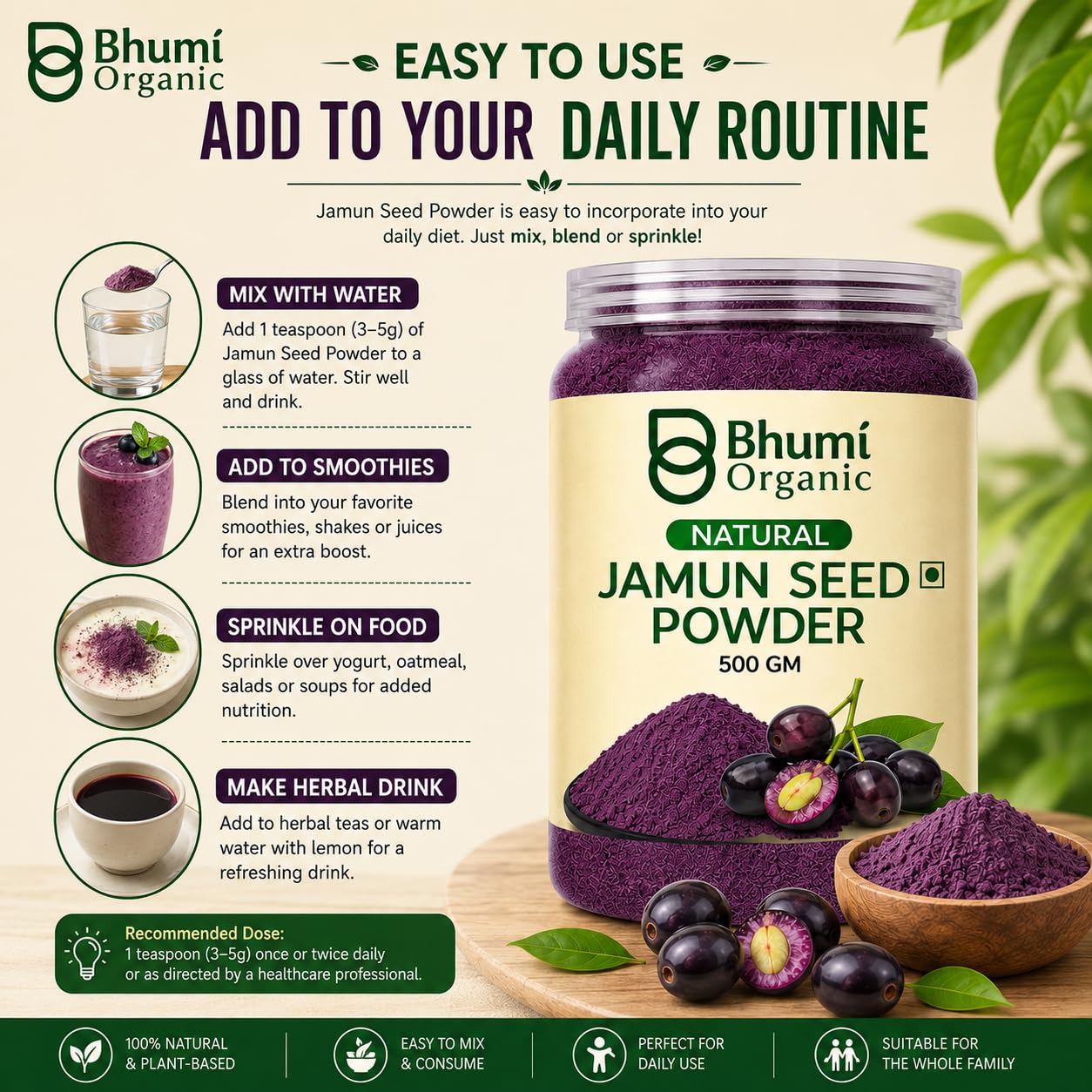 Bhumi Organic Ayurveda Jamun Seed Powder for Diabetes - 500 Grams - Pure Natural Herbal Supplement