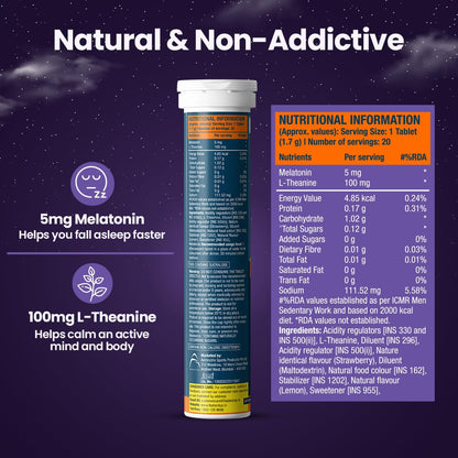 Fast&Up Melatonin with 5 mg Melatonin + 100 mg L-Theanine (20 Effervescent tablets) | Helps fall asleep faster & Wake up refreshed | Fast Acting, 100% Natural, Non-Addictive - Strawberry flavour