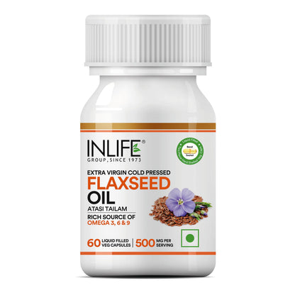 INLIFE Flaxseed Oil Omega 3 6 9 Supplement, Extra Virgin Cold Pressed 500 mg - 60 Vegetarian Capsules (Pack of 2)