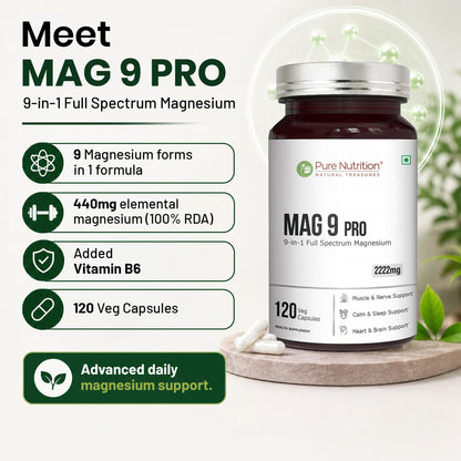 Pure Nutrition Mag 9 Pro - 120 Veg Caps | Magnesium Supplement with 9 Forms of High Absorption Magnesium Glycinate, L Threonate, Citrate for Sleep, Muscle, Nerve, Heart & Brain Health