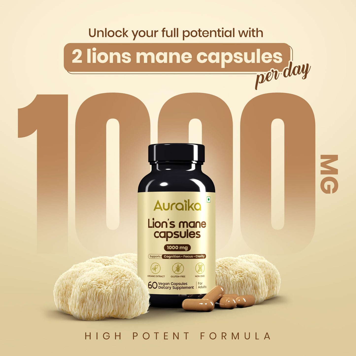 Auraika Lions Mane Mushroom – Supports Brain Health, Focus, Memory & Mental Clarity | 1000mg High Potency | Natural Nootropic Supplement | 60 Vegan Capsules
