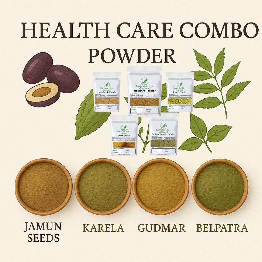 Natural Hill Organic Health Care Combo Powder|Jamun Seeds|Karela|Neem|Gudmar|Bel Patra| 750g|Pack of 5|Herbal Plant Ingredient|Natural|No Preservative|जामुन|करेला |नीम| गुड़मार | बेल पत्र पाउडर|