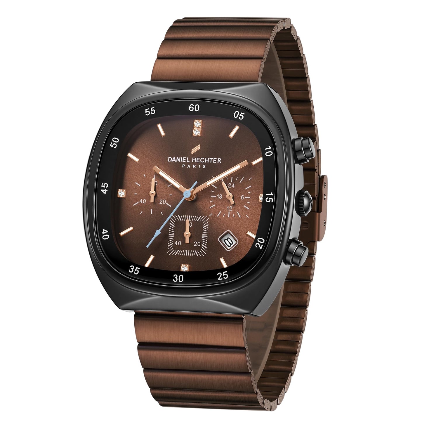 Daniel Hechter Paris Bercy Collection Modern Multi Functional Watch for Men with Square Dial and Stainless Steel Strap (Dial:Brown,Strap:Brown, Stainless Steel)