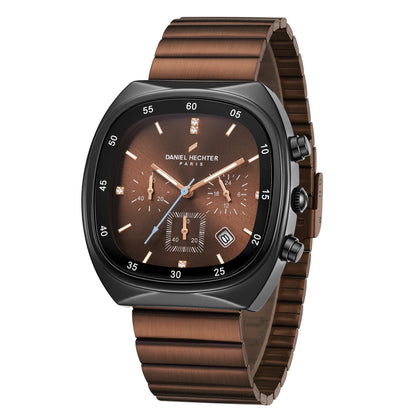 Daniel Hechter Paris Bercy Collection Modern Multi Functional Watch for Men with Square Dial and Stainless Steel Strap (Dial:Brown,Strap:Brown, Stainless Steel)