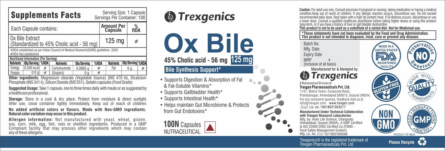 Trexgenics BILE EXTRACT 125mg 45% CHOLIC ACID Bile Synthesis Support (1- image 6