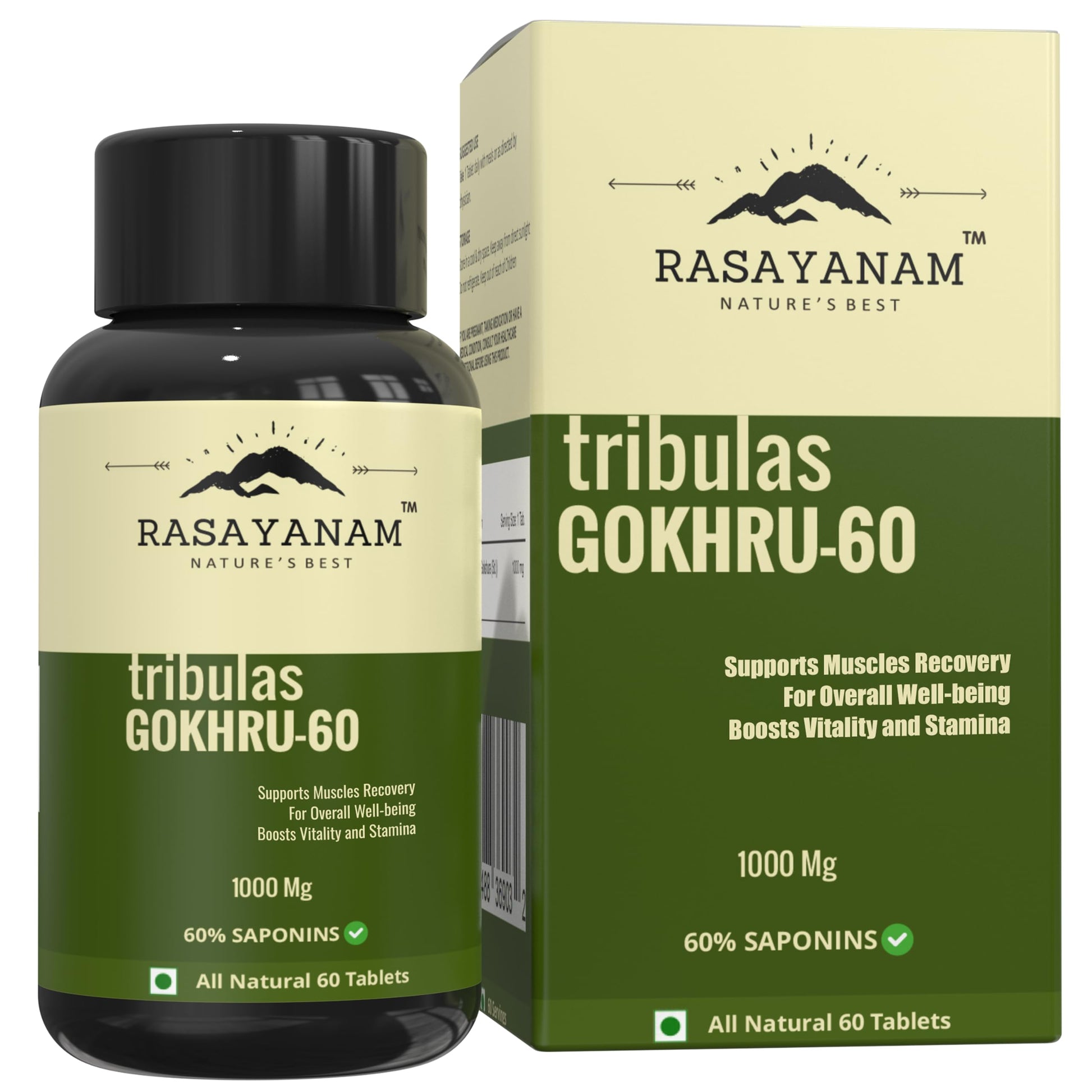 Rasayanam Gokshura Tablets 1000mg Gokhru per Serving, Highest Saponins 60%, Trib