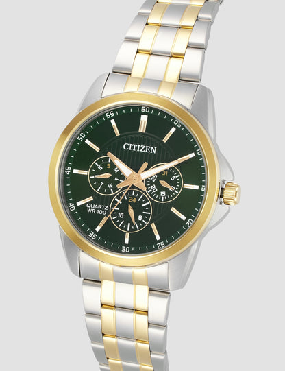 Citizen Stainless Steel Analog Quartz Multifuction Men's Black Dial Watch - AG8348-56X, Band Color-Two-Tone
