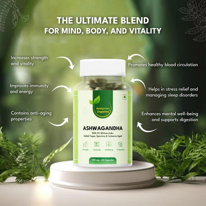 Ayurgreen Organics Ashwagandha 750mg | 60 Veg Capsules | Enriched with Tagar, Spirulina & Sesbania Agati | 5% Withanolides | Pure & Plant-Based Ayurvedic Supplement for Stress Relief, Energy & Immunity