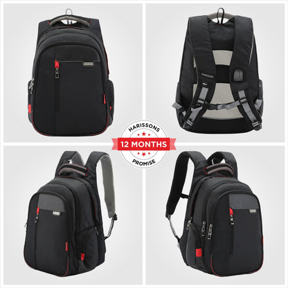 HARISSONS Sirius Travel Laptop Backpack | 45L | Fits 15.6” Laptop | Heavy-Duty Build | USB & Audio Port, Multi-Level Organizer, Trolley Sleeve | Work, Travel & College (black)