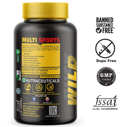 WILD BUCK Multi Sports Multivitamin X4 with Vitamins, Minerals, Antioxidants, Digestive Enzymes | Daily Supplement for Men & Women Energy, Brain, Heart, Eyes, Immunity, Digestion, Focus | - 60 Tablets