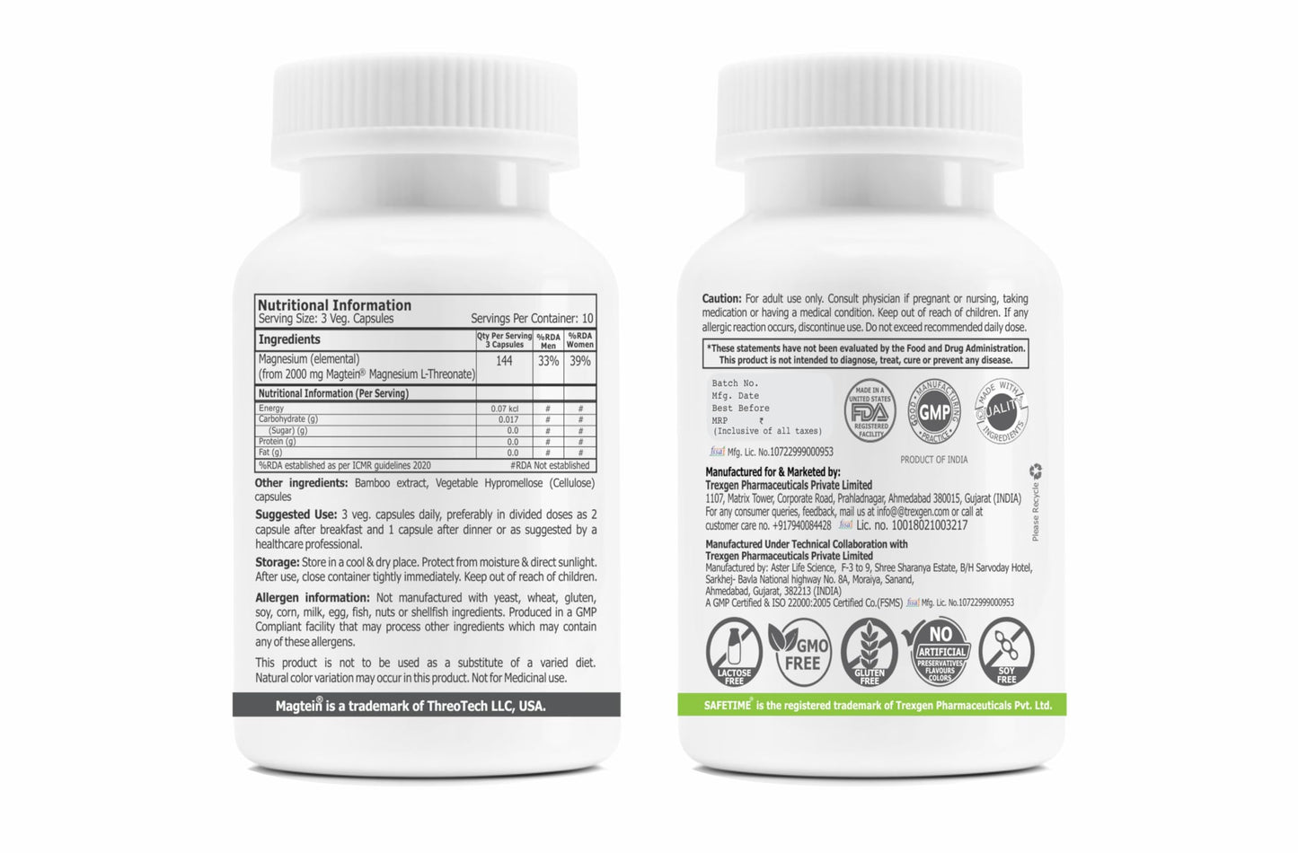 SAFETIME Functional Nutrition MAGTEIN Magnesium L Threonate Cognitive Function & Brain Health Support (30 Pack x 2 = 60 Veg Capsules)