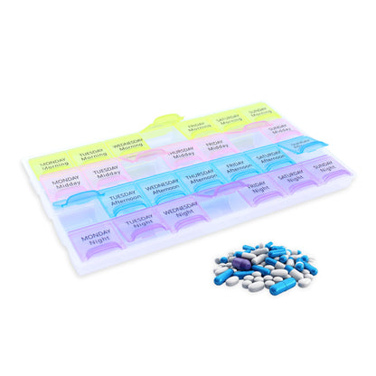 GLUN® Weekly Medicine Pill Reminder Tray, 4 Times a Day for Medications, Vitamins, Supplements and Other Pills