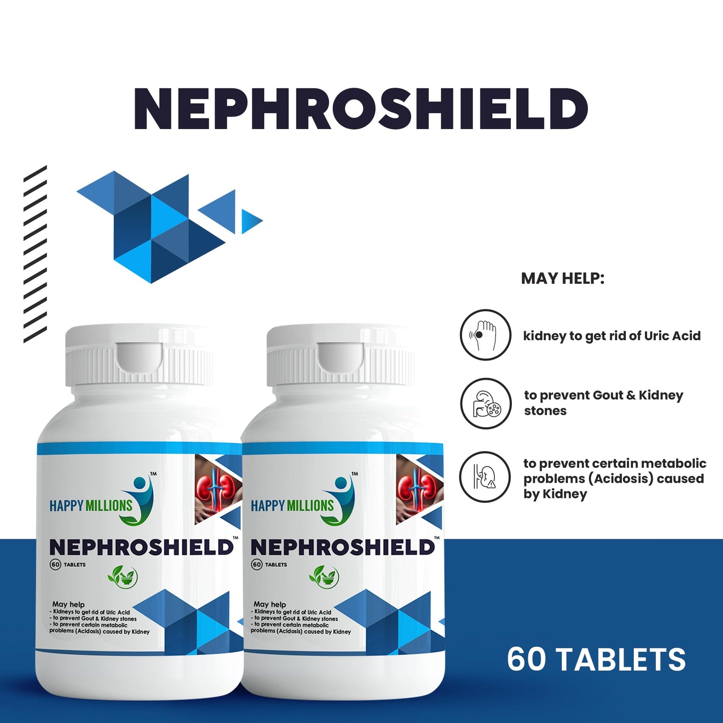 HappyMillions NephroShield Tablets Kidney Health & Detox Support Helps Prevent Stones & Urinary Tract Infections 2 Tablets Daily For Healthcare Advised 60 + 60 Tablets