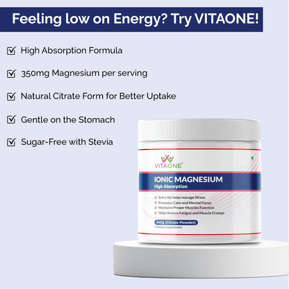VITAONE Ionic Magnesium Powder 240g | High Absorption Magnesium Supplement for Muscle Function, Energy & Bone Support | Unflavoured, 60 Servings